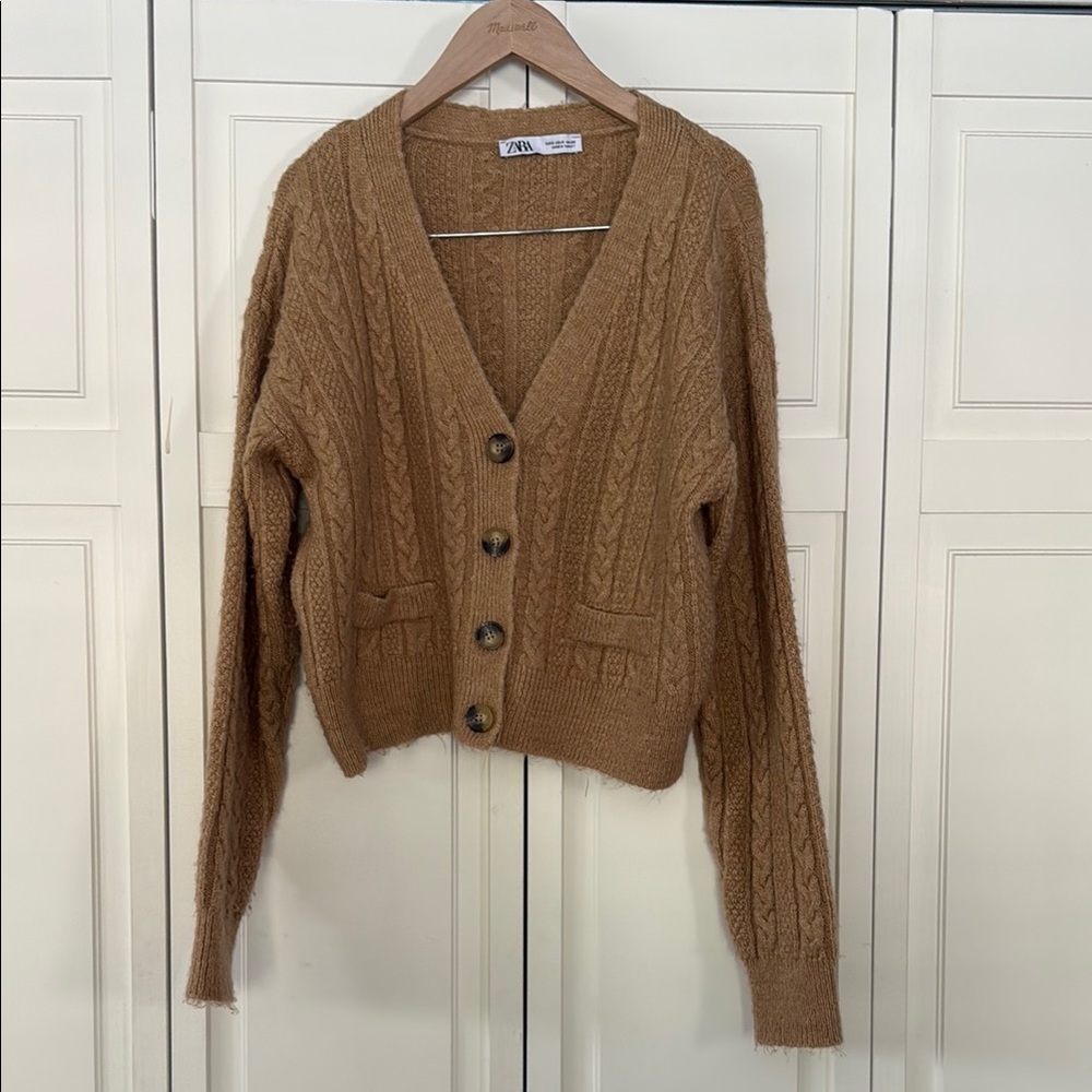 Zara Brown Cropped Cardigan Sweater V-Neck Ribbed